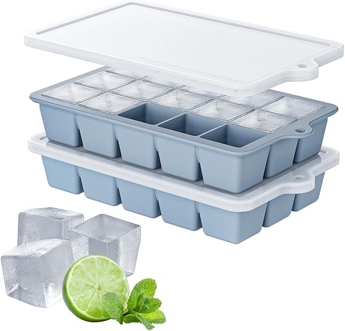 HANCELANT Silicone Ice Cube Trays Set of 2, Easy Release 15 Square with Removable Lid Reusable Freezer Stackable for Whiskey, Cocktails and Homemade, Keep Drinks Chilled, BPA Free, Blue