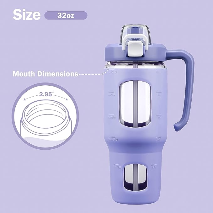 32oz Glass Tumbler with Straw Handle and 2-IN-1 Sip & Spout Lid, Reusable Iced Coffee Cup for Smoothie, Matcha, Leakproof Glass Water Bottle with Straw and Silicone Sleeve, BPA Free-Purple