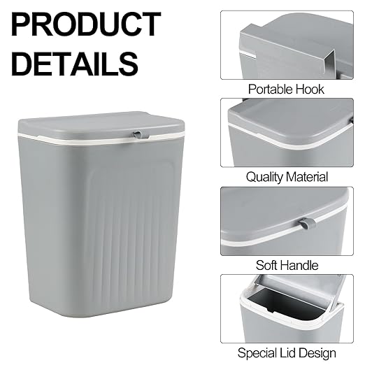 3.2 Gallon/12 L Plastic Wall Mounted Trash Can with Lid, Hanging Garbage Can for Cupboard, Bathroom(Gray)