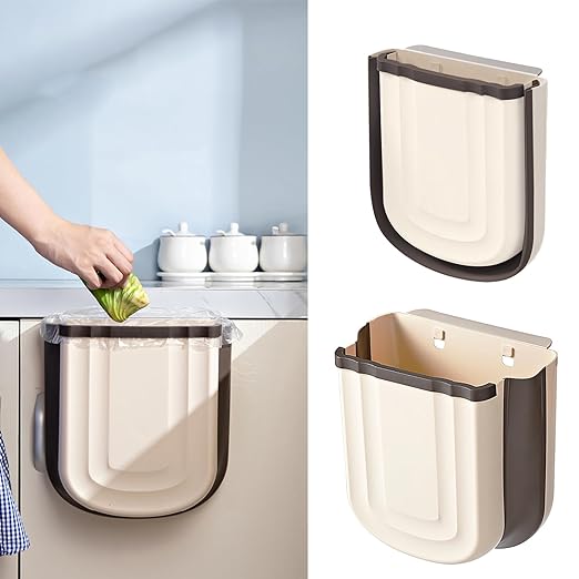 Hanging Trash Can, 9L Collapsible Plastic Waste Bin for Cabinet Door, Wall Mounted 2.4 Gallon Foldable Small Wastebasket for Kitchen, Bathroom, Bedroom (Khaki)