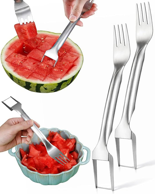 Watermelon Slicer Cutter, Stainless Steel 2-in-1 Watermelon Cutter for Family Parties Camping, Summer Watermelon Cutting Artifact, Professional Fruit Fork Slicer (2PCS)