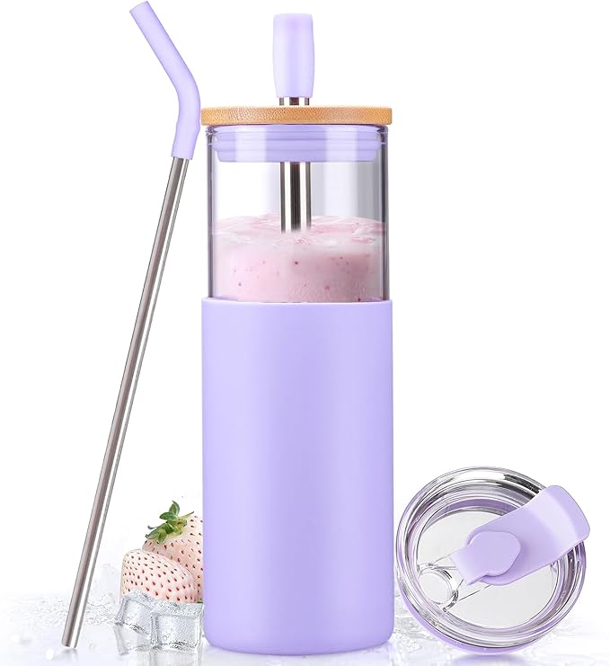 Kodrine 24oz Glass Tumbler with Lids and Straws|Bamboo & On the go Lid|Reusable Ice Coffee Cup with Silicone Sleeve, Glass Coffee Tumbler for Smoothie/Matcha, Dishwasher & BPA Free-Purple