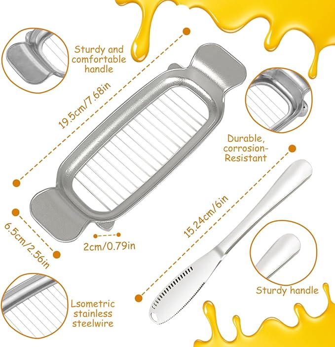 Stainless Steel Butter Slicer Cutter with 2 Butter Knives – Hand Held Ergonomic Butter Cutter for Stick Butter & Soft Cheese, 3 in 1 Easy Butter Spreader Knife for Cold Butter Slicing & Spreading