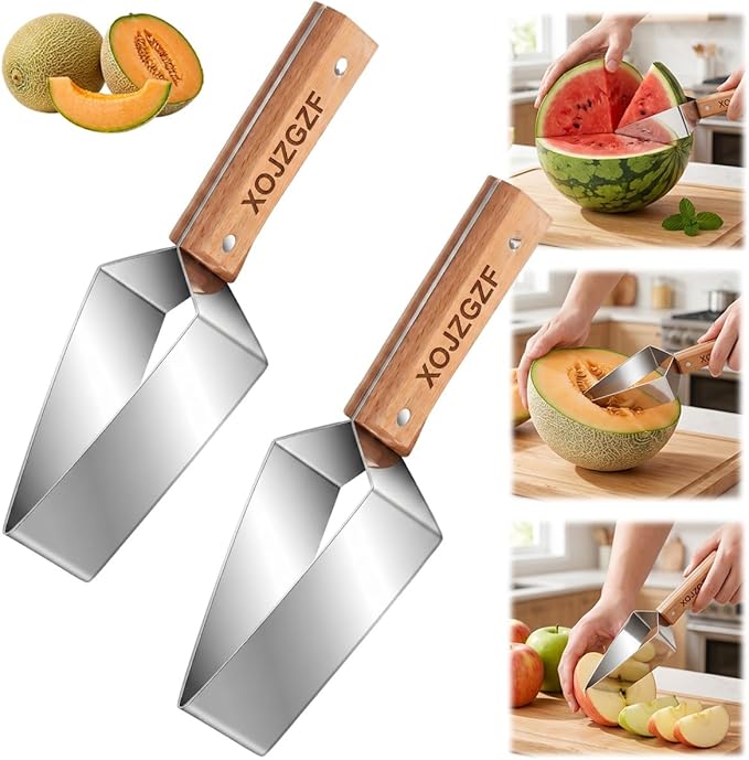 Triangle Watermelon Cutter, Stainless Steel with Wooden Handle - Melon Slicer, Fruit, Pineapple Fork Knife Gadgets Tool, Cantaloupe Peeler Cutting Summer Cut, for Kitchen Home Camping Picnic(2PCS)