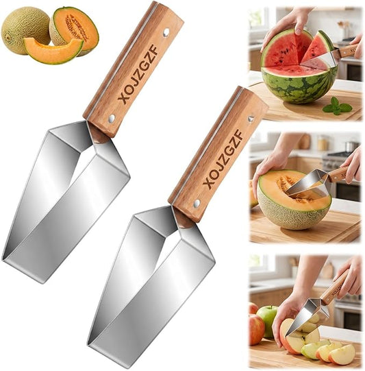 Triangle Watermelon Cutter, Stainless Steel with Wooden Handle - Melon Slicer, Fruit, Pineapple Fork Knife Gadgets Tool, Cantaloupe Peeler Cutting Summer Cut, for Kitchen Home Camping Picnic(2PCS)