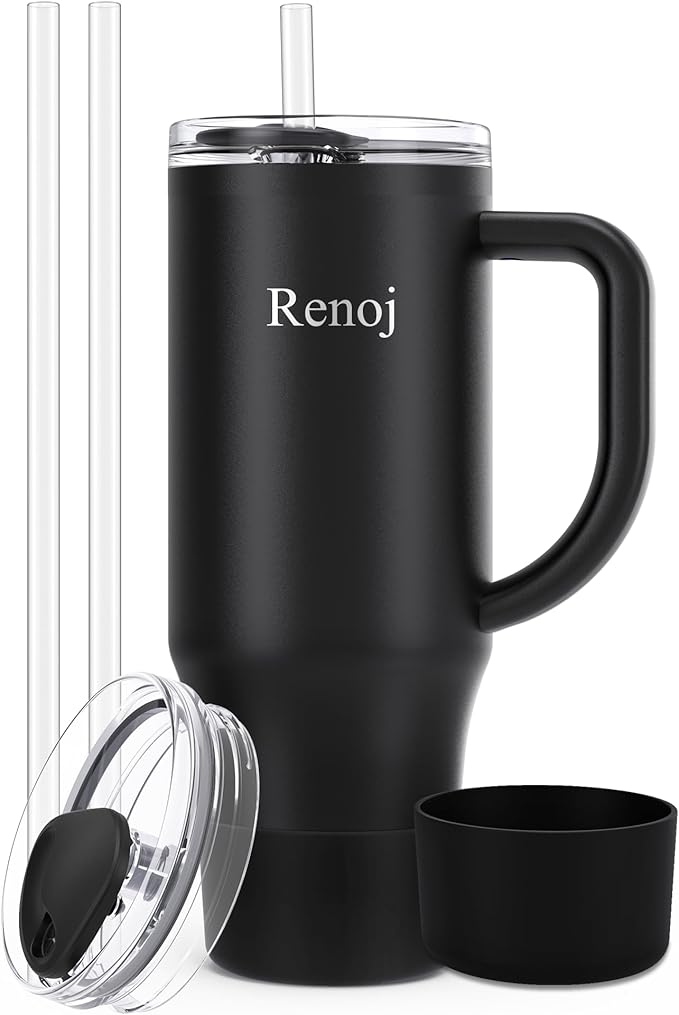 Renoj Insulated Mug 100% Spill Resistant Insulated Water Bottle for Iced Coffee & Hot Drinks - Fits Car Cup Holder, Ideal Gift, 2 Straws & Silicone Boot - FlexSlide White 32 oz