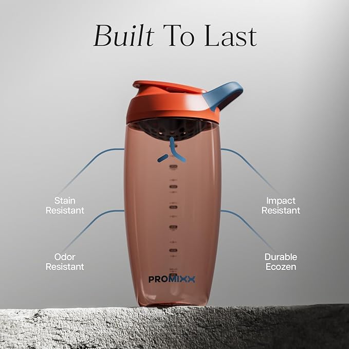 Promixx Pursuit Protein Shaker Bottle – 26oz Silent Snap-Fit Mixer for Lump-Free Shakes – Leak-Proof BPA-Free Ecozen Gym Shaker with Measurement Marks for Fitness and Travel – Burnt Orange