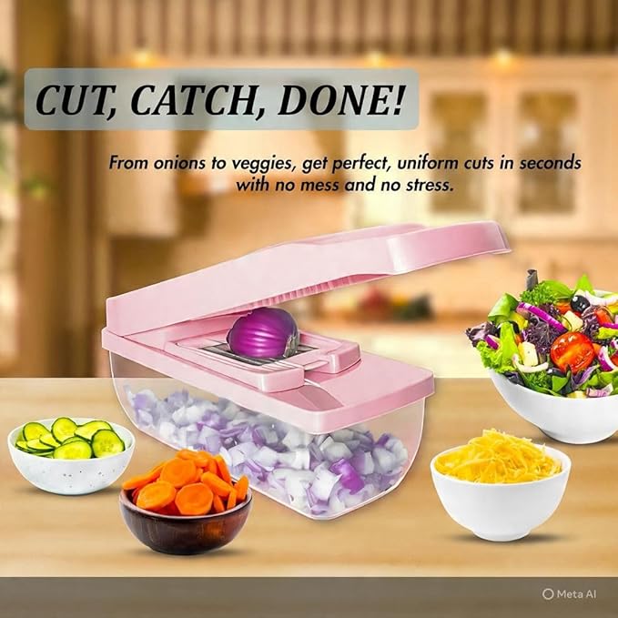 Kalmat Dynamics Food Chopper and Vegetable Slicer, 16-in-1 Multi-Function Kitchen Chopper with 7 Blades and Container, Free Black Cooking Apron (Pink+White)
