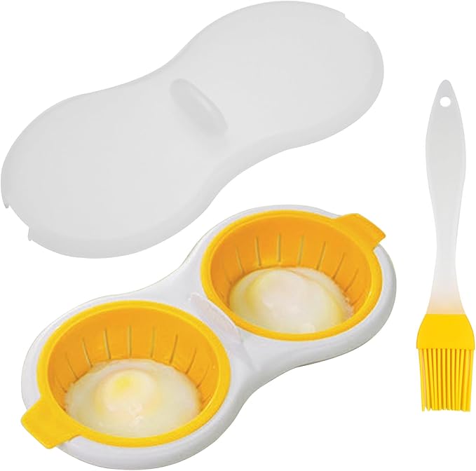 2 Cavity Microwave Egg Poacher, Microwavable Poached Egg Cooker with Lid & Handle Double Layer Microwave Egg Poacher Boiled Eggs Maker Poached Egg Cup for Breakfast with Oil Brush, Yellow