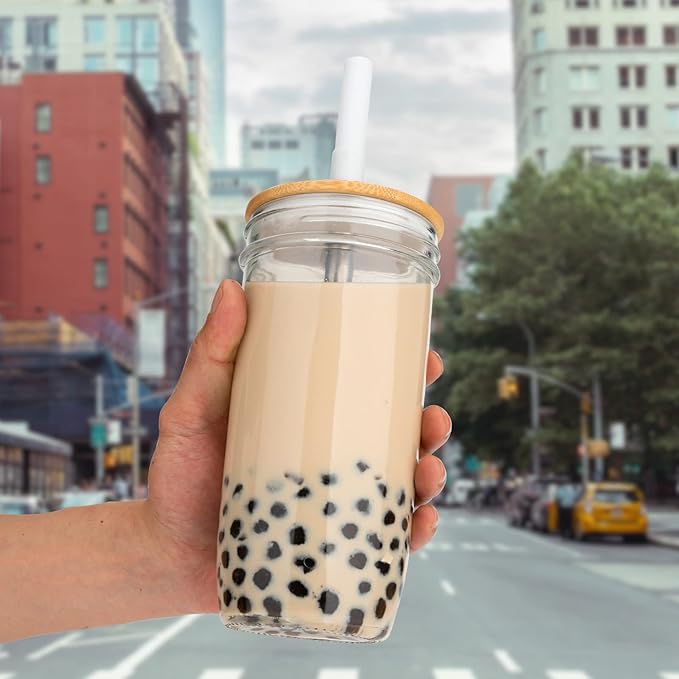 Glass Tumbler with Lids and Straws 2 Pack, 24oz Glass Drinking Jars with Lids and Straws,Reusable Wide Mouth Mason Jar Iced Coffee Cup,Smoothie Cup Coffee Travel Mug for Car/Home