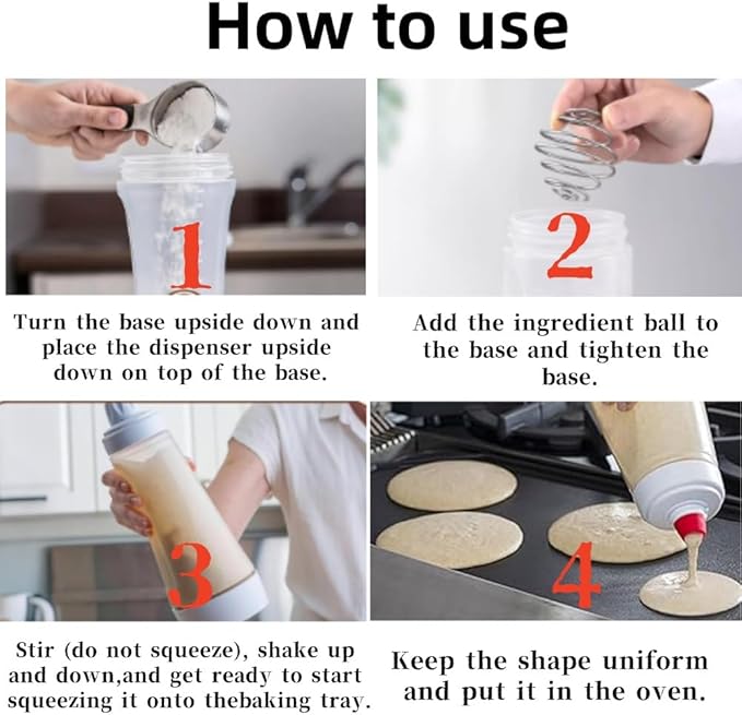 2Pack Leak proof 2-in-1 Pancake Battery Dispenser, Battery Mixer and Dispenser with Whisk Ball, with silicone spatula and spoon, easy to grip squeeze bottle for pancakes, waffles and baking
