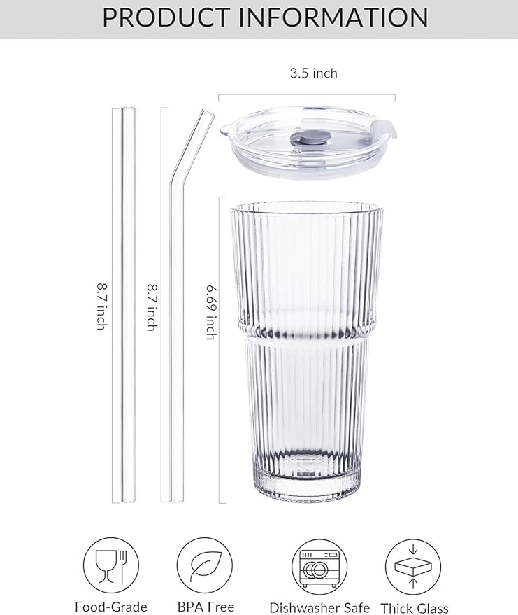 20 oz Glass Tumblers, Iced Coffee Cups with Lids and Glass Straws, Thickened Wall Glass Cups, Ideal for Smoothies, Cocktails, and Juices – Vintage and Durable Drinkware – 4 Pack