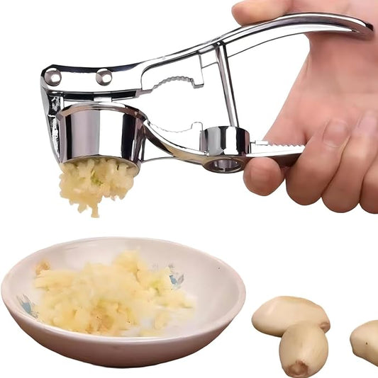 5-in-1 Stainless Steel Garlic Press, Multi-Function Kitchen Gadget with Mincer, Crusher, Bottle Opener, Pit Remover
