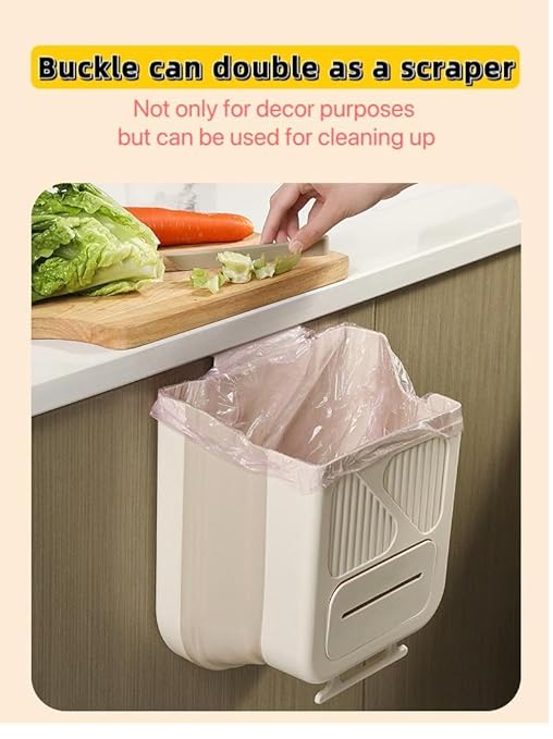 Hanging Trash Can for Kitchen Cabinet Door, 1.85 Gallon Kitchen Trash Can with Space-Saving Design, Collapsible Garbage Can for Kitchens,Cabinet Door, Bathroom, with Trash Bag Compartment - Cream