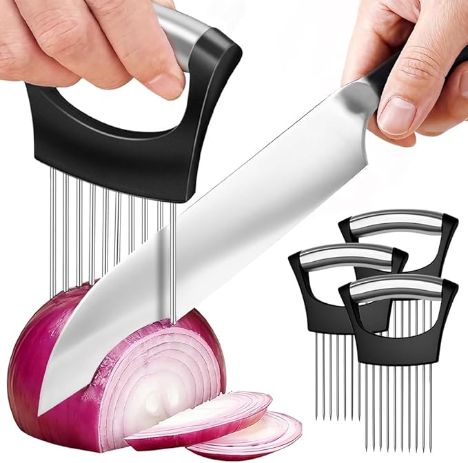 Onion Holder for Slicing, Stainless Steel Vegetable Slicer Cutter, Multifunctional Onion Slicing Tool for Tomato, Potato, Lemon, Meat, Easy Home Kitchen Chopper Assistant (3 Pack)