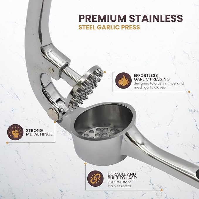 CASAFOYER Garlic Crusher Stainless Steel | Mincer Tool | Rustproof Garlic Masher | Garlic Press | Easy to Clean & Squeeze | Travel Friendly | Dishwasher Safe Presser (Silver)