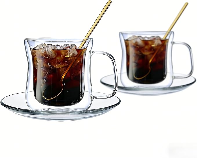 Double Wall Glass Coffee Mugs Set, Teacup with Saucer and Spoon Set of 2 Pack, 8.5oz/260ml for Cappuccino, Latte, Hot and Cold Drinks (Clear - Waisted Style - 2 Pack)