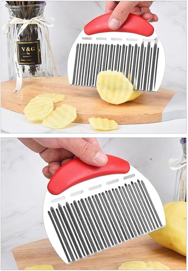 Heavy Duty Stainless Steel Large Crinkle Cutter Wavy Chopper French Fry Slicer for Potatoes Carrot Chips and Fruits, Vegetable, Potatoes, Onions (Red-Style II, 1 PCS)