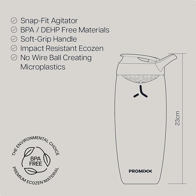 Promixx Pursuit Protein Shaker Bottle – 32oz Silent Snap-Fit Mixer for Lump-Free Shakes – Leak-Proof BPA-Free Ecozen Gym Shaker with Measurement Marks for Fitness and Travel – Black