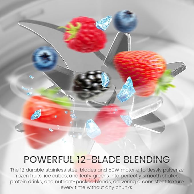Portable Personal Blender, USB Rechargeable with 12 Stainless Steel Blades, Mini Blender for Smoothies, Travel, Gym, and Outdoor Adventures