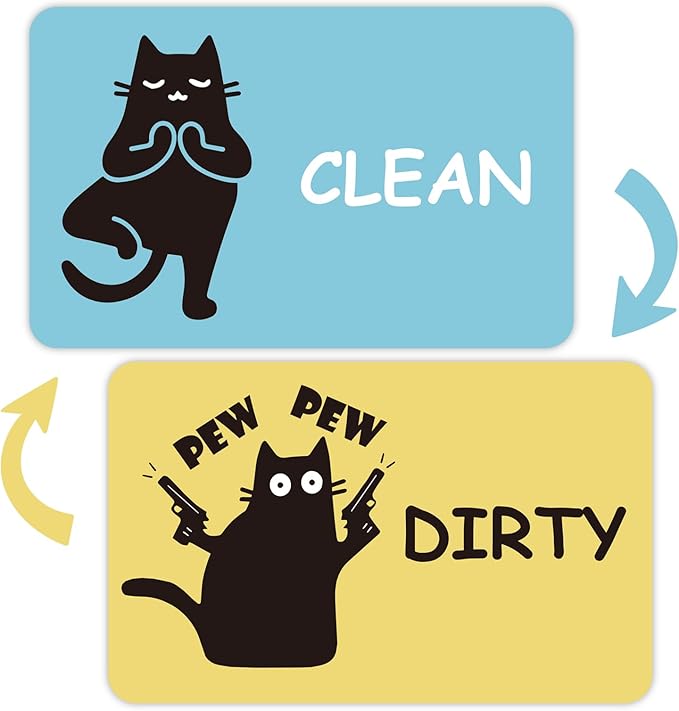 Funny Black Cat Clean Dirty Dishwasher Magnet - Cute Refrigerator Kitchen Magnet, Non-Scratch Strong Double Sided Washing Machine Sign, Housewarming Gifts for Cat Lovers, Home Apartment Essentials (Blue&Yellow)