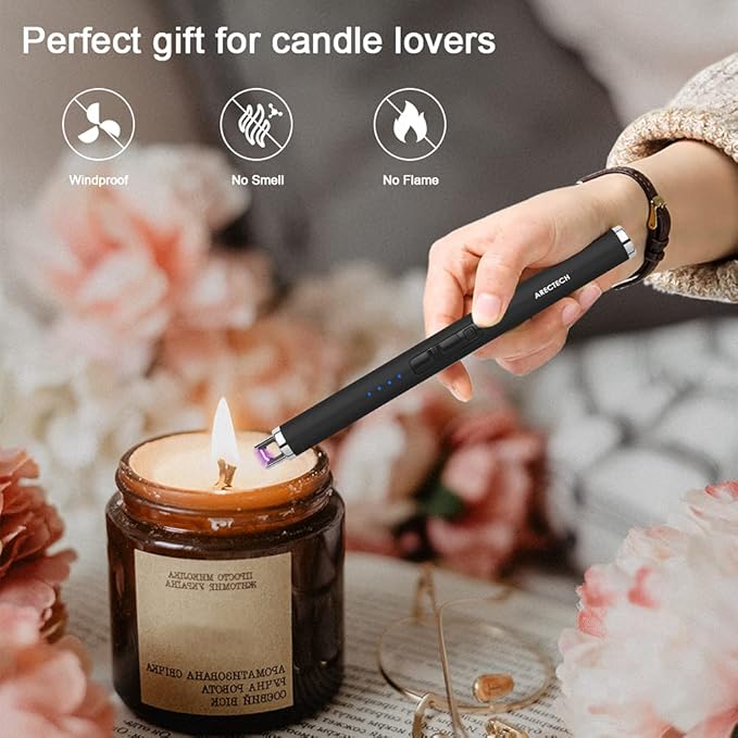 ARECTECH Rechargeable Electric Candle Lighter, Christmas Stocking Stuffers Gifts for Mom Men Wife, Arc Plasma Windproof Lighter for Candle Kitchen Birthday with Type-C Cable, Black 2 Pack