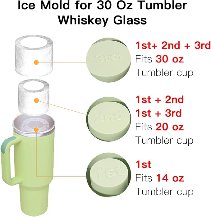 Ice Cube Tray for Tumbler Cup 30Oz-40Oz, 3 Pcs Silicone Cylinder Ice Mold with Lid and Bin for Freezer, Easy Fill and Release Ice Maker for Whiskey, Cocktail BPA-Free (Green, 30Oz-Type1)