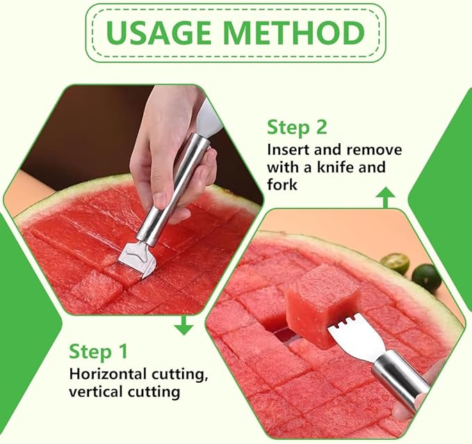 2-in-1 Stainless Steel Fruit Cutter, Watermelon Slicer with Fork, Dual Head Watermelon Fork Slicer Tool for Cubes, Fruit Knife with Round Handle for Home Kitchen, Picnic & Party (1Pack)