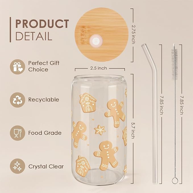 SANDJEST Gingerbread Christmas 16oz Can Glass Tumbler with Bamboo Lid & Straw - Iced Coffee Cup for Women Girls, Aesthetic Cups Gifts for Xmas