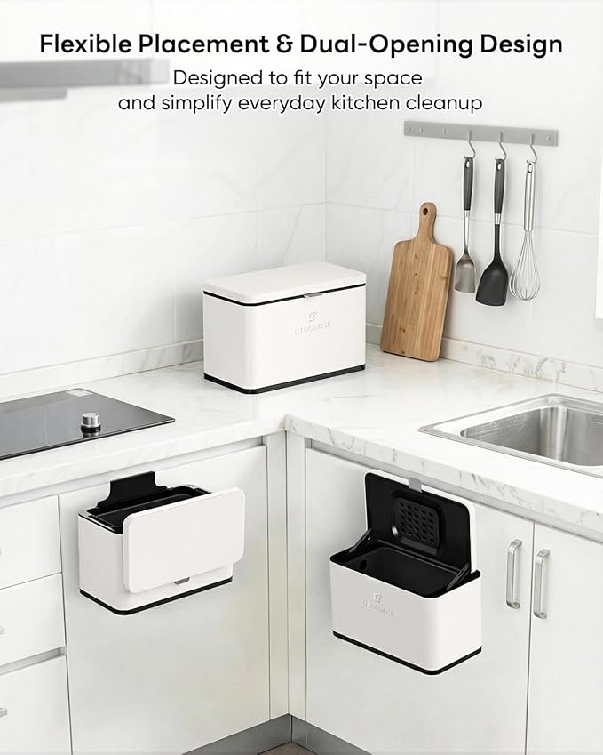 Kitchen Mini Compost Bin, 4L/1G Small Trash Can with Lid, Slim Stainless Steel Hanging Garbage Bin for Kitchen, Bathroom, Bedroom, Office, Wall Mounted Compost Bin with Inner Bucket, White
