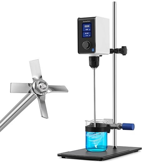 Overhead Stirrer for Lab – 20L High Viscosity Mixer (10,000 cP), 100-2000 RPM Digital Stirrer with LCD Display, Timer, Torque Boost & Beaker Clamp for Chemistry, Biology, Research