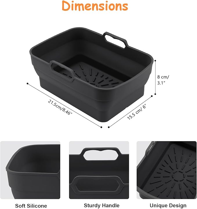 2Pcs Air Fryer Silicone Liners for Ninja SL401 /DZ201/ DZ401/ DZ550 8-10 QT, Reusable Liners for COSORI, Chefman, Instant Air Fryer, Silicone Air Fryer Basket Liners with Magnetic Cheat Sheet, Black
