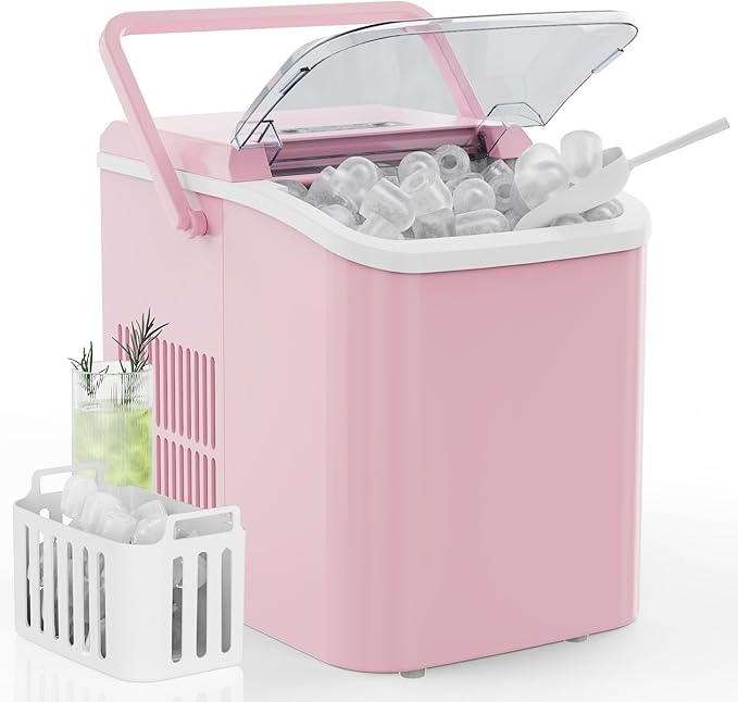 DUMOS Countertop Ice Maker with Handle, 26lbs/24H Portable Ice Machine, 9 Bullet Ice Cubes Ready in 6 Mins, Self-Cleaning, Quiet Compact Ice Maker for Home, Kitchen, RV, Camping, Pink