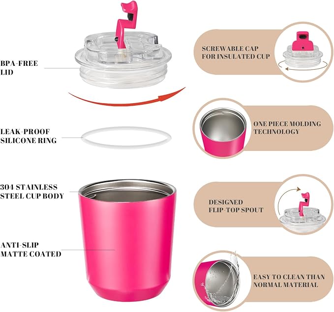 Puraville Insulated Tumblers with Lid, 10 oz Travel Coffee Mug Stainless Steel Vacuum Cup, Leak Proof Reusable Double Walled Coffee Tumbler for Iced and Hot Drinks, Fuchsia