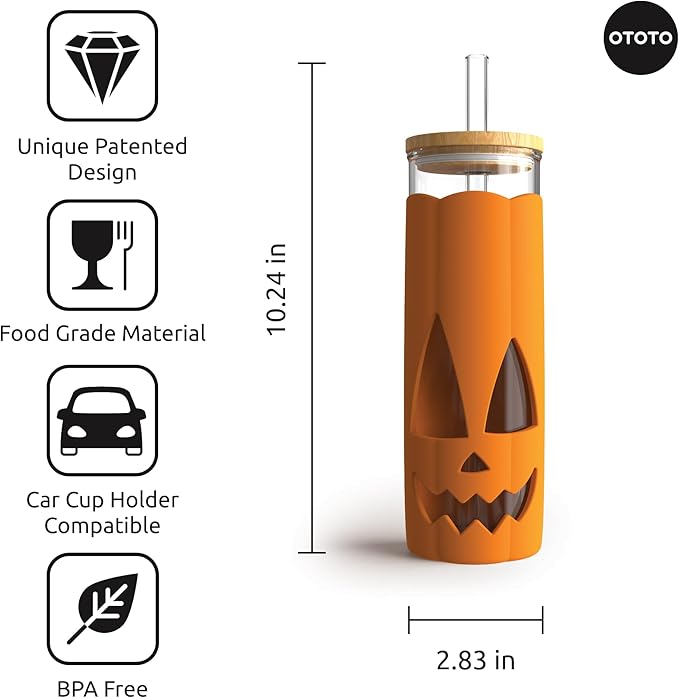 OTOTO NEW Jack-o-Cup Glass Cups with Lid and Straws - Glass Coffee Tumbler with Straws, Halloween, Goth, Witchy Gifts, Iced Coffee Cups, Glass tumbler with Bamboo Lid, 16.9oz