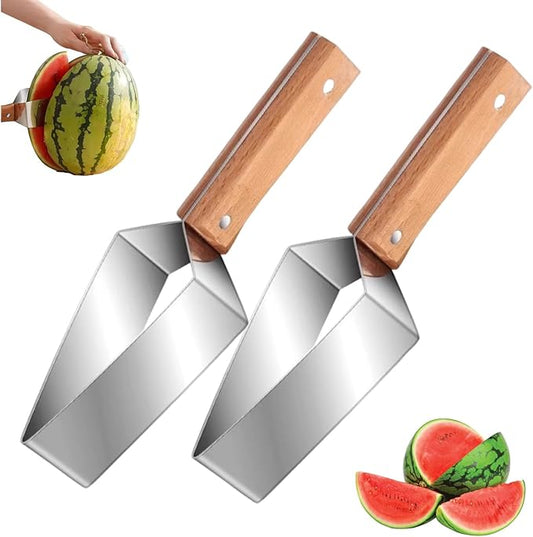 Triangle Watermelon cutter, Stainless Steel with Wooden Handle Melon Slicer, Fruit Cutter for Kitchen Gadgets, Fruit dicing tool divider for Watermelon, Apple, Cantaloupe (2 PCS)