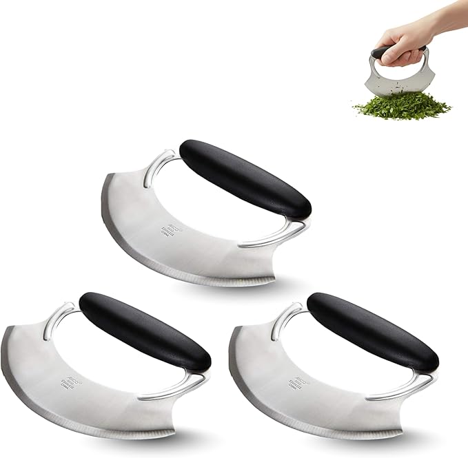 Amco 4.9" Mezzaluna with Silicone Handle (3 Pack) - Stainless Steel Blade, Versatile Chopping Tool for All Kitchen Needs - Non-Slip Grip, Easy to Use & Comfortable to Hold, Dishwasher Safe