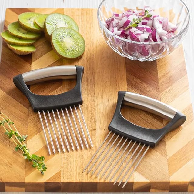 Stainless Steel Onion Holder Slicer.Meat slicer food slice Assistant onion holder. Kitchen Gadgets. Vegetables Holder cutting., madiam, Silver