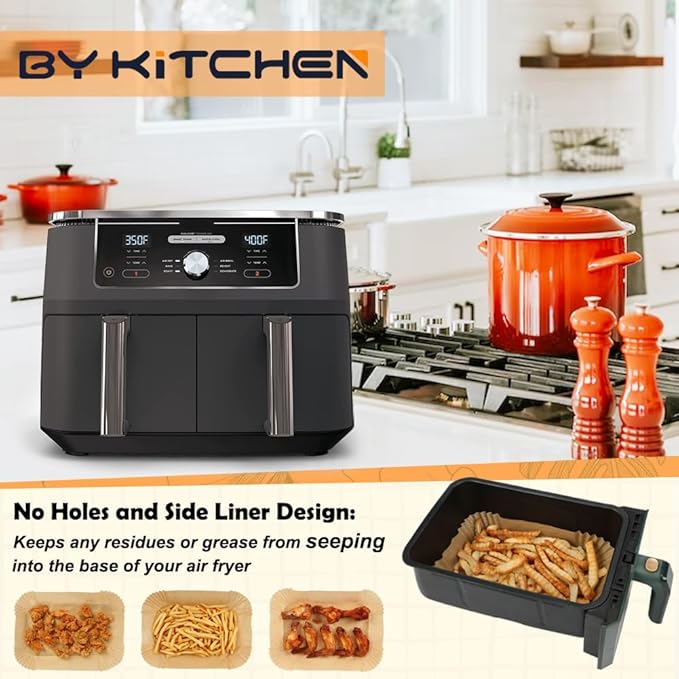 BYKITCHEN Air Fryer Disposable Paper Liners for Ninja Dual Airfryer, 100PCS Rectangle Air Fryer Parchment Paper Sheets for Ninja DZ201/DZ401/DZ550/SL401 & More, Ninja Airfryer Double Stack Accessories