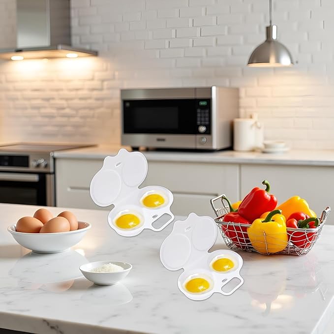 2Pcs White Egg Poacher, Microwave Egg Boiler Poacher, 2 Cavity Nonstick Poached Egg Maker With Lid, Egg Poacher Microwave Egg Cooker, Double Drain Poached Egg Cups Cookware（13 * 5cm）