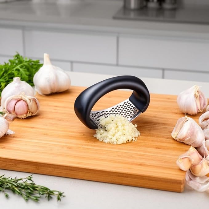 Stainless Steel Garlic Press, Heavy Duty Garlic Crusher Mincer with Ergonomic Handle, Easy Squeeze Garlic Presser for Kitchen Cooking (Black)