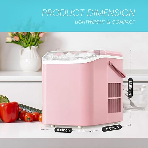 Ice Makers Countertop, Portable Ice Machine with Handle, 6 Mins 9 Bullet Ice Cubes with Basket and Scoop, 26lbs in 24Hrs, Auto-Cleaning, for Home, Kitchen, RV, Camping, Pink