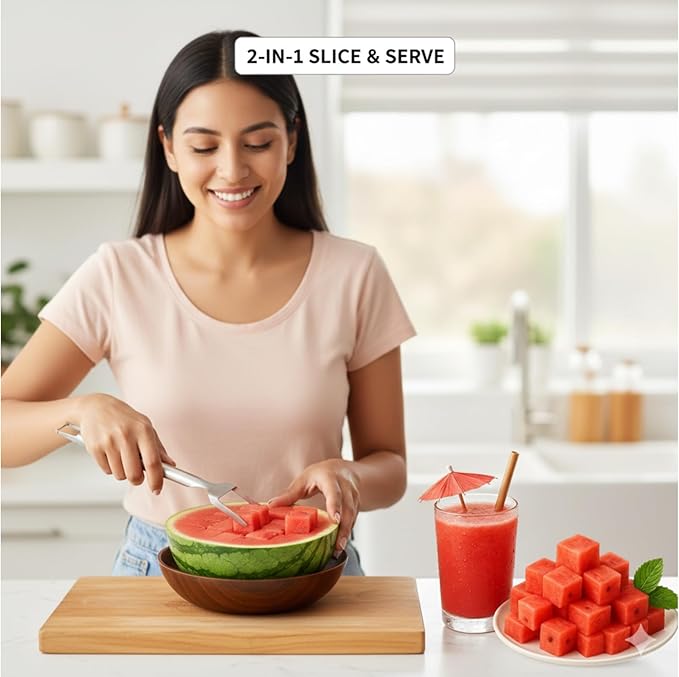 Stainless Steel Watermelon Cutter – Dual-Head Slicer and Fork Tool, Summer Fruit Cutting Tool for Home Kitchens (2-Pack)