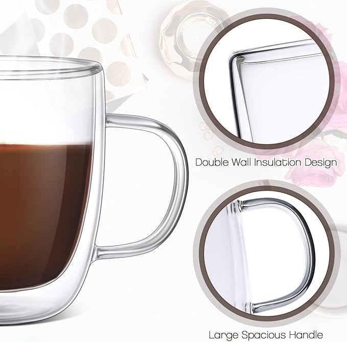 Gerrii Espresso Cups Double Walled Espresso Shot Glass with Handle Cups Insulated Clear Small Shot Glasses for Cappuccino Latte Hot Beverage (12 oz,Flat Bottom,8 Pcs)