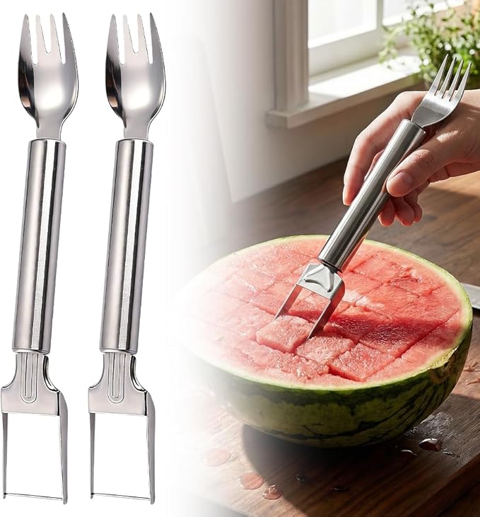 2-in-1 Stainless Steel Fruit Cutter, Upgraded Watermelon Slicer Tool, Portable Fruit Forks for Home, Kitchen and Camping (2 Pcs)
