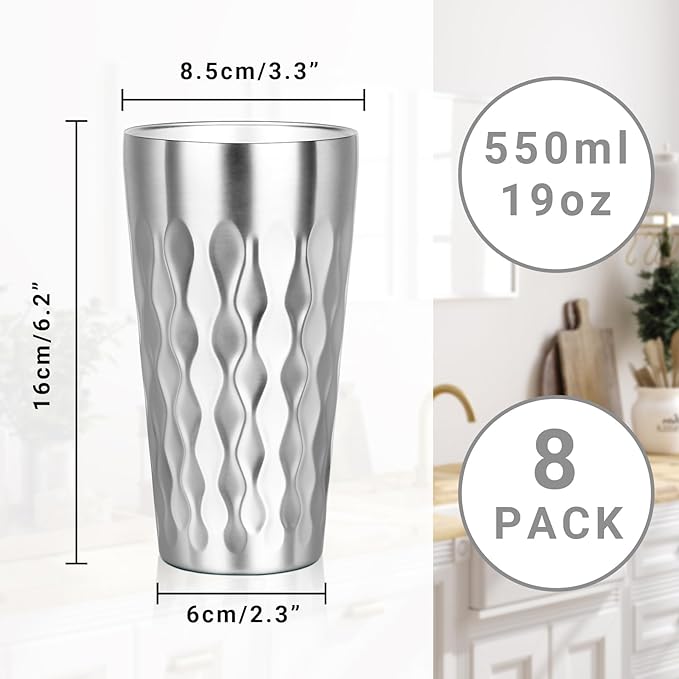Stainless Steel Drinking Glasses, 19 oz Insulated Tumbler, 8 Pack Double Wall Unbreakable Stackable Water Tumblers Premium Insulated Metal Cup for Travel Camping Home Outdoor Gifts