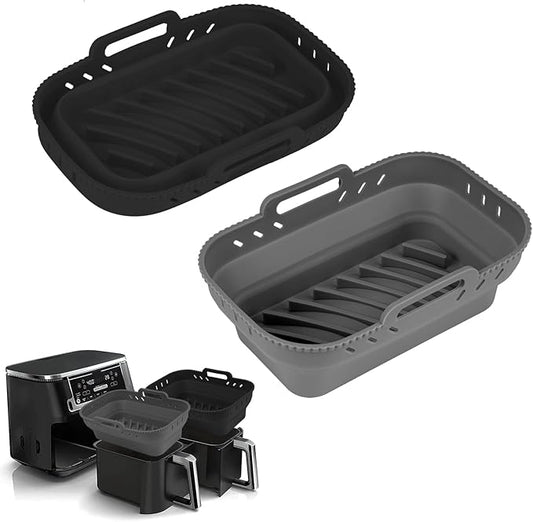Small Air Fryer Silicone Liners, 7.56 x 5.12 inch Small Rectangle Collapsible Airfryer Liner, Reusable Non-Stick Baking Trays for Ninja DZ201/DZ401/DZ550 Instant Air Fryer, 2 Pack (Grey+Black)