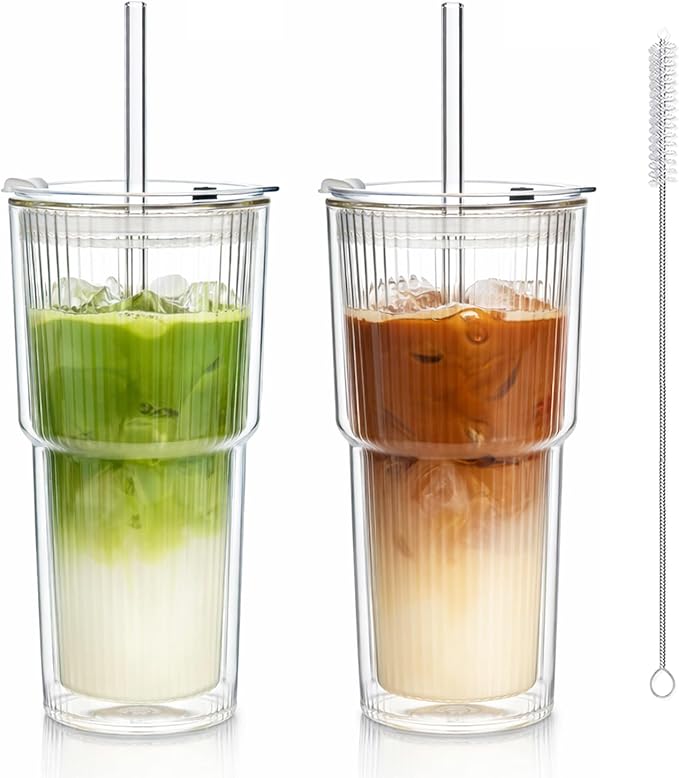 KEMORELA Iced Coffee Cups with Lids 20oz Ribbed Double Wall Glass Cups with Lids and Straws 2PCS, Coffee Bar Accessories， Insulated Borosilicate Glass Tumblers, To Go Coffee Cups, Spill proof tumbler