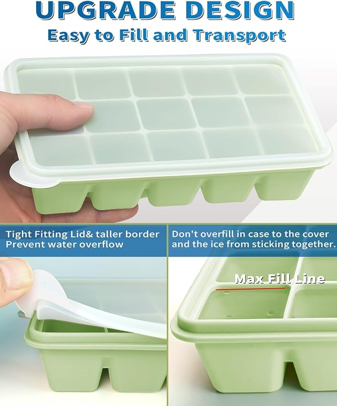 Upgraded Silicone Ice Cube Tray 3Pack with Spill-Proof Lid, Easy Release Stackable 15 * 3 Ice Cube Mold Trays for Freezer, 1.2‘’ Ice Cubes for Whiskey, Cocktails, Coffee - BPA Free & Dishwasher Safe
