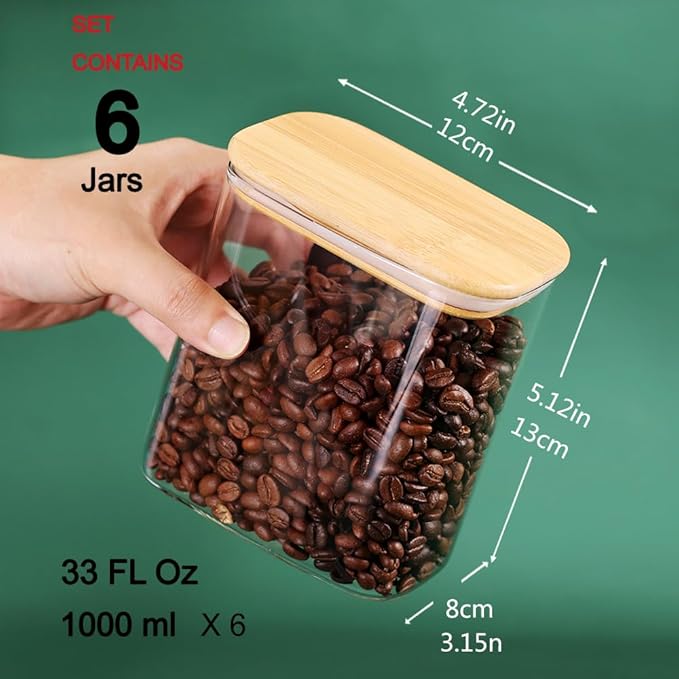 Tzerotone 33OZ Airtight Glass Food Storage Containers with Lids - Set of 6 for Pantry, Cereal, Flour & Rice Dispensing - Rectangle Shapes with Bamboo Lids - Ideal for Kitchen Organization & Meal Prep